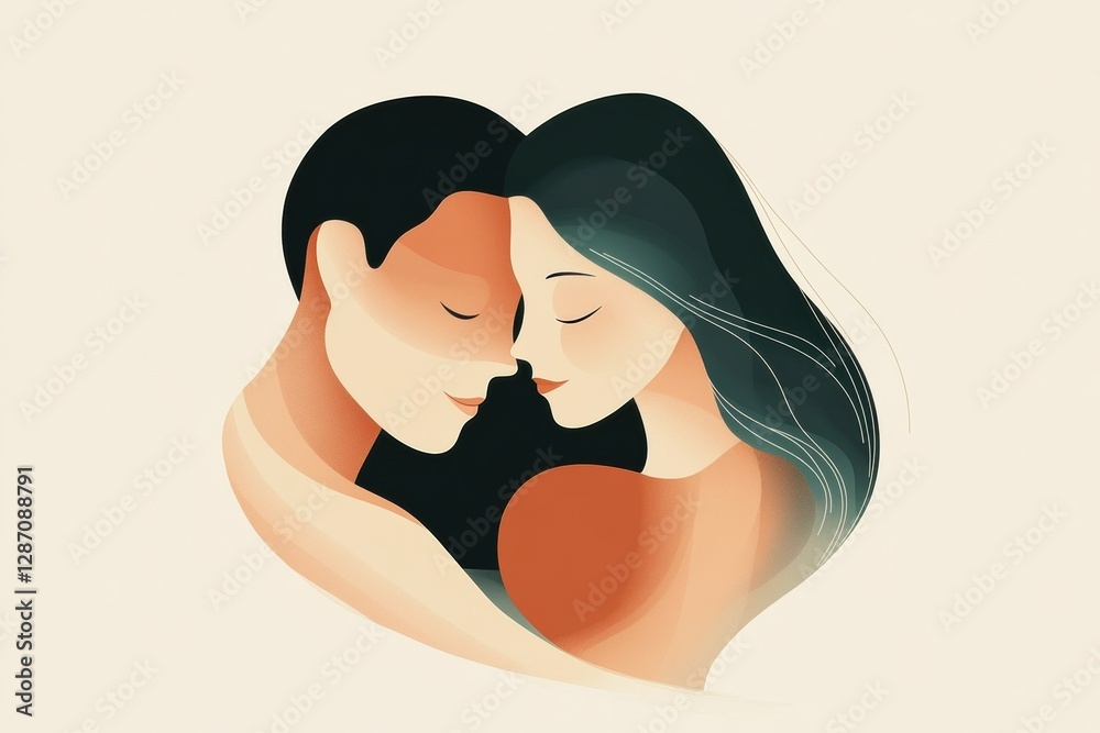Poster two people sharing a warm embrace in a minimalist illustration celebrating connection and affection.