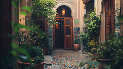 A traditional Moroccan riad with colorful mosaic tiles carved wooden doors and an open courtyard filled with exotic plants.