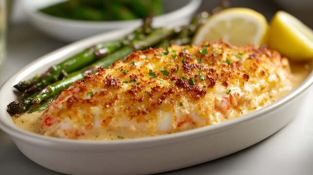A decadent lobster thermidor topped with golden-brown cheese crust served with asparagus and lemon wedges.