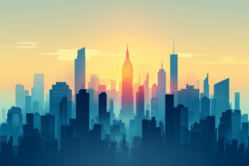 Colorful sunset casts a warm glow over a modern city skyline with the Empire State Building prominently featured, silhouette against a clear backdrop, ideal for urban promotion