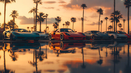 A vibrant car meet at a beachside location with sports cars reflecting in the water.