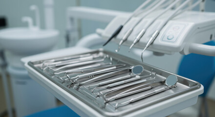 Dental tools arranged on a tray in a dentists office