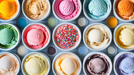A variety of gourmet ice cream flavors displayed in a modern ice cream shop showcase.