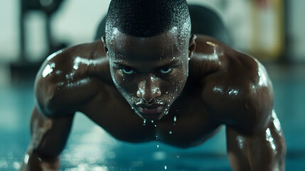 A determined athlete performing a one-arm push-up on a gym mat sweat dripping from his face.