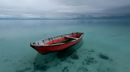 Fototapeta premium Lonely red boat floats on calm turquoise sea, mountains background, tranquil scene