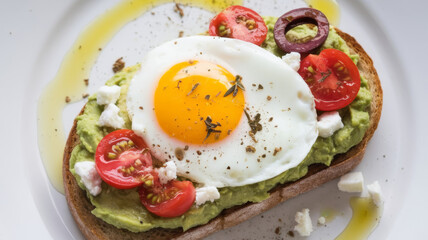 Healthy avocado toast with fried egg cherry tomatoes and feta on rustic bread
