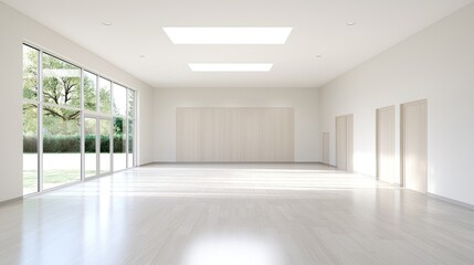 Obraz premium Empty modern room with large windows overlooking garden. Interior design photography