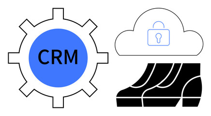 CRM gear linked with cybersecurity cloud and stairway highlights phases in digital transformation. Ideal for business management, IT security, digital innovation, teamwork, data protection, tech