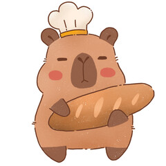Cute cartoon capybara chef holding loaf of bread, wearing chef hat