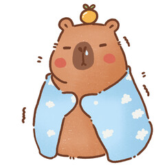 Cute capybara character wrapped in blue blanket with clouds, featuring small orange on its head, expressing calm emotion