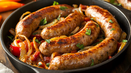 Fototapeta premium A savory onion and sausage casserole with a tomato base.