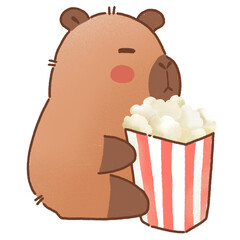 Cute cartoon capybara enjoying popcorn while sitting