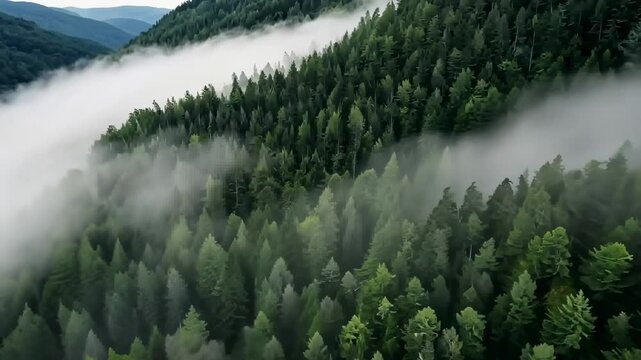 Aerial View Of Verdant Forest Shrouded In Mist Among Rolling Hills And Mountainous Terrain Nature Landscape Scenic Wooded Environment