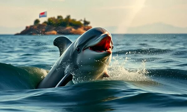 A cheerful young gray dolphin jumps out of the water, crashing into the waves with a playful grin, a small island in the open sea in the background. 4k