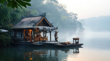 Fototapeta premium Misty Morning, Lakeside Temple: Tranquil Asian Architecture
