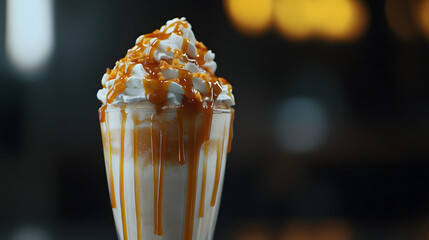 A dripping caramel milkshake in a tall glass topped with whipped cream and a drizzle of caramel sauce.