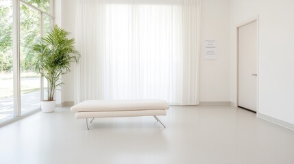 Modern waiting room, minimalist design, bright sunlight