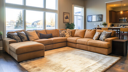 A family-friendly living room with a large sectional sofa and soft rugs.