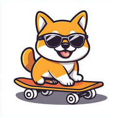 Funny and Playful Shiba Inu Cartoon Skateboarding Adventure - Cute Dog with Sunglasses and