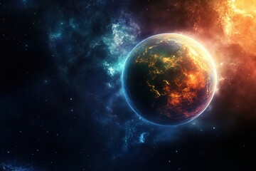 Obraz premium Glowing planet surrounded by vibrant cosmic colors and nebulae in deep space