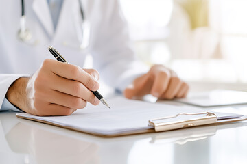 Doctor uses a pen to write notes in a bright office setting. A well-organized desk and clipboard are visible, reflecting professionalism and care