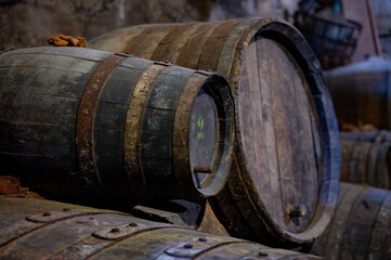 Visit of old caves with oak barrels, wine making on bodegas wineries on volcanic soils of Mount Teide in Tacoronte-Acentejo wine region on Tenerife, Canary islands vacation, Spain