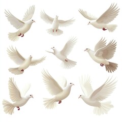 Obraz premium Nine white doves in flight, peace symbol, white background, for designs
