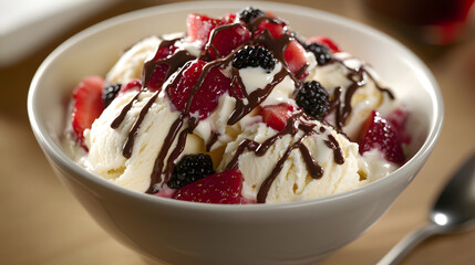 A bowl of assorted ice cream flavors topped with whipped cream fresh fruit and chocolate drizzle.