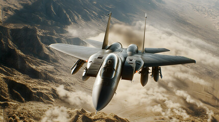 A fighter jet breaking the sound barrier in a high-speed maneuver over a warzone.