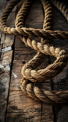 Coiled Rope on Rustic Wooden Surface, Showcasing Natural Fibers and Intricate Braiding for Craftsmanship and Utility