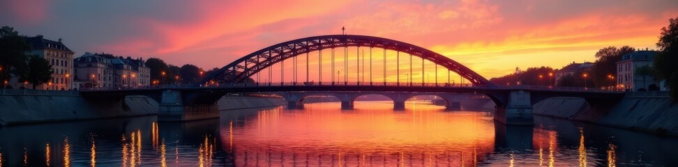 Obraz premium Elegant bridge arching over Seine river at sunset, landmark, sunset