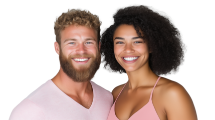 Smiling couple posing together on transparent background, man in pink shirt and woman in dress