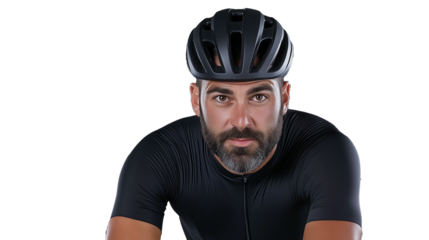 Cyclist in black jersey with helmet and determined expression on transparent background