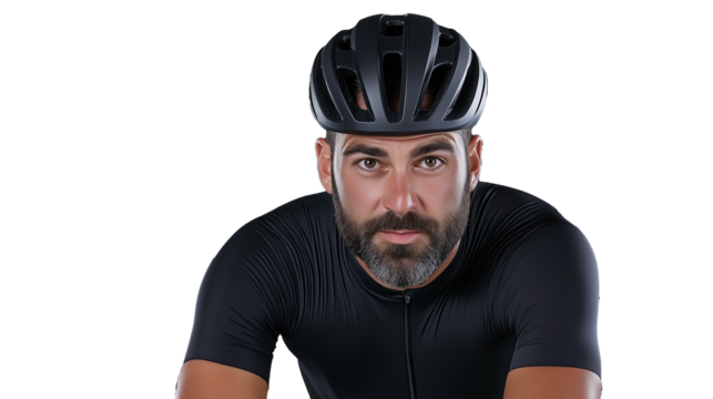 Cyclist in black jersey with helmet and determined expression on transparent background