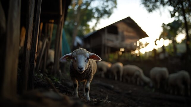 Sheep ayd, a Single Sheep Stands Inside the Sheepfold Looking Straight at Camera