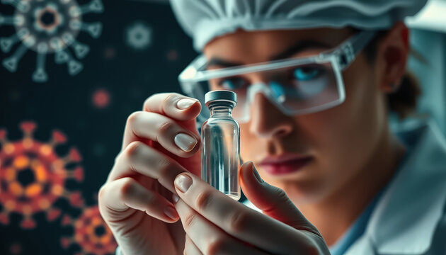 A professional scientist examines a transparent vaccine vial in a laboratory environment, symbolizing scientific research - Powered by Adobe