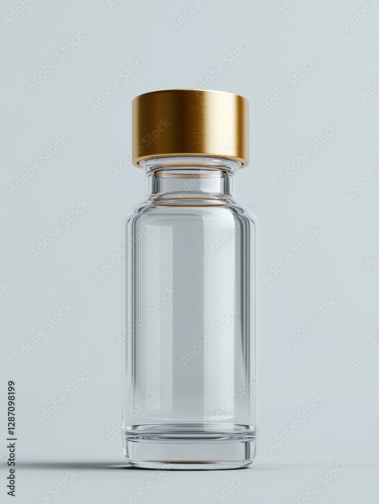 Poster clear glass bottle with gold cap designed for upscale packaging in modern interior setting. generati