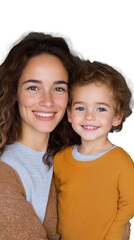 Smiling mother and child posing together on transparent background, joyful expression