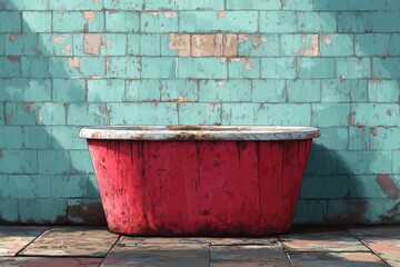 Fototapeta premium Red vintage bathtub against a distressed teal tiled wall with peeling paint, capturing a rustic aesthetic and weathered ambiance in natural light.