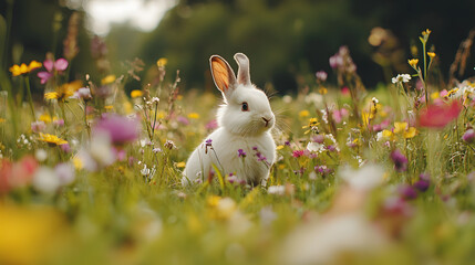 A fluffy white rabbit sitting in a meadow filled with colorful wildflowers its ears perked up.