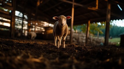 Sheep in Rustic Sheepfold lit by Soft Sunlight a Warm Atmospheric Scene