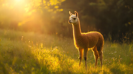Obraz premium A friendly alpaca standing in a lush green meadow its fluffy fur catching the golden sunlight.
