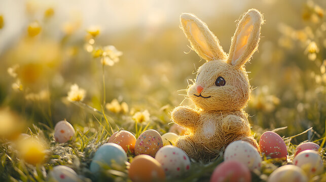 A charming Easter bunny made of straw and fabric placed among colorful eggs in a field.