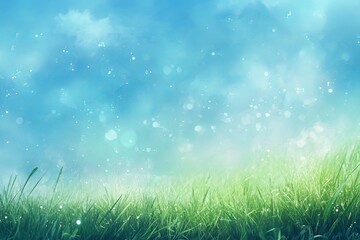 Fototapeta premium Serene Spring Meadow Landscape Blue Sky Green Grass Nature Background Peaceful Tranquil Scene Idyllic Pastoral Vista Fresh Air Sunny Day Beautiful 