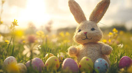 Fototapeta premium A charming Easter bunny made of straw and fabric placed among colorful eggs in a field.