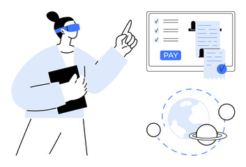 Business professional uses interactive digital screen for payments. Floating checklist, receipt, and global icons. Ideal for fintech, technology, digital payments, global business, innovation future