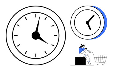Analog clock face with black hands and hour marks, blue accent shadow. Woman sits on block, checking phone in shopping cart. Ideal for time management, productivity, shopping, technology