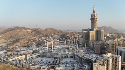 Mecca , Saudi Arabia Mars 30 2024: Makkah city Streets hotels and transportation Makkah Clock Tower - Masjid Al Haram drone aerial view © Ayman