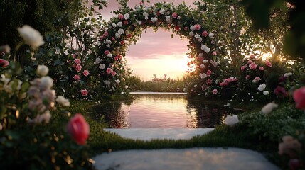 Fototapeta premium Wedding Archway with Floral Decor and Water Feature / 花の装飾と水のオブジェがある結婚式のアーチ道