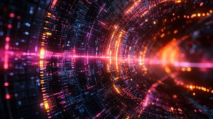 A digital tunnel is composed of bright lights and lines